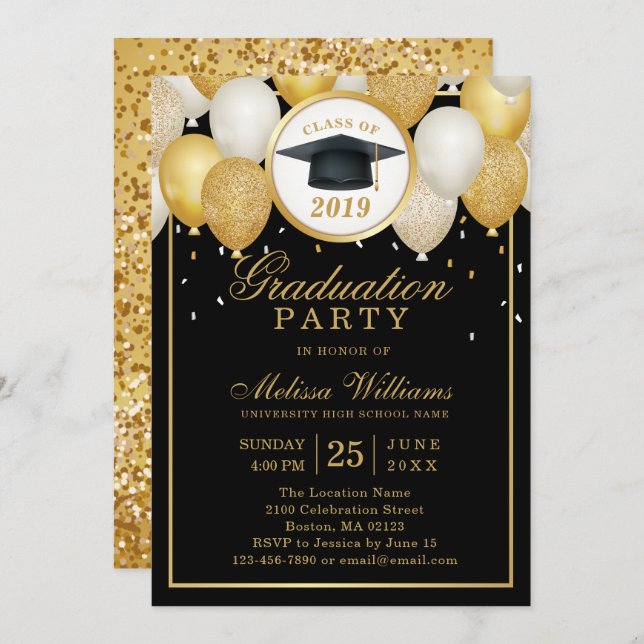Class of 2019 Elegant Modern Black Gold Graduation Invitation (Front/Back)