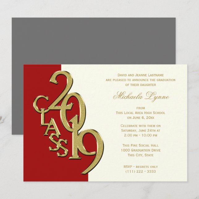 Class of 2019 Grad Gold Red Ivory Invitation (Front/Back)