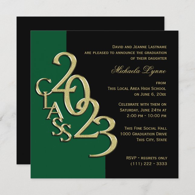 Class of 2019 Grad Green and Gold Invitation (Front/Back)