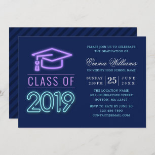 Class of 2019 Modern Cool Neon Blue Graduation Invitation