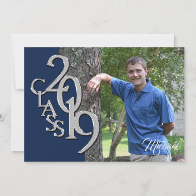 Class of 2019 Photo Graduation Blue Silver Invitation (Front)