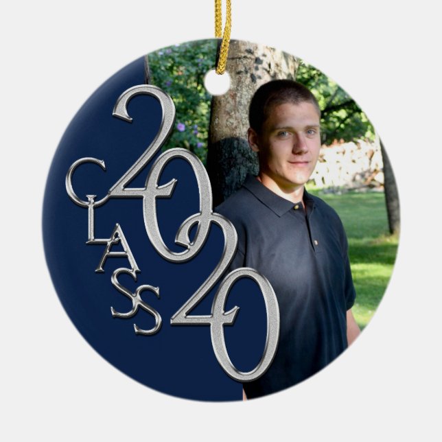Class of 2020 Graduation Photo Keepsake Silver Blu Ceramic Ornament (Front)