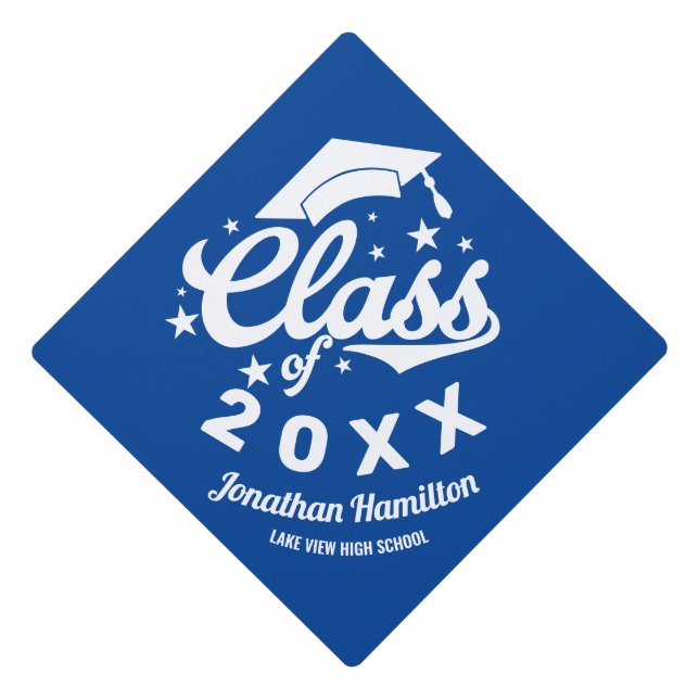 Class Of 2021 Blue And White Typography Graduation Cap Topper (Front)