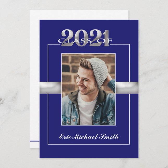 Class of 2021 Blue Silver Graduation Party Photo Invitation (Front/Back)