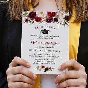 Class of 2021 Burgundy Red Floral Graduation Party Invitation