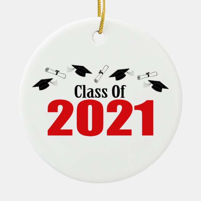 Class Of 2021 Caps And Diplomas (Red) Ceramic Ornament (Front)