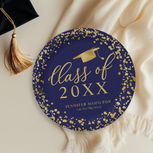 Class Of 2021 Elegant Gold Blue Graduation Party Paper Plate