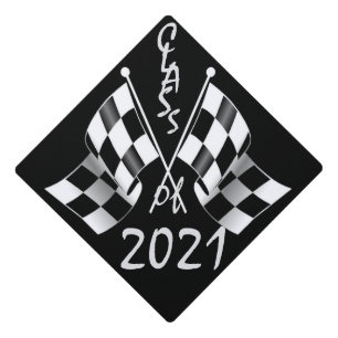 'Class of 2021' Finish Line, Checkered Flags on a Graduation Cap Topper