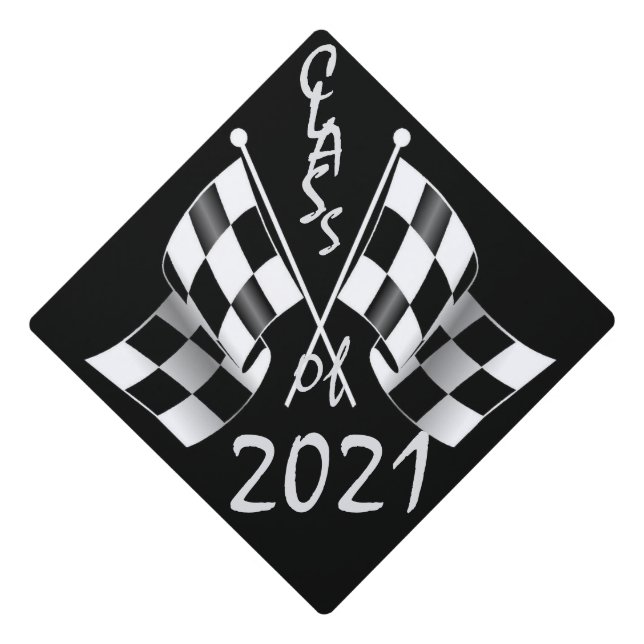 'Class of 2021' Finish Line, Checkered Flags on a Graduation Cap Topper (Front)