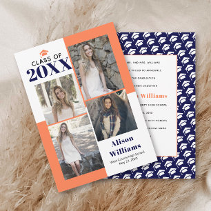 Class of 2021 four photos coral navy graduation announcement