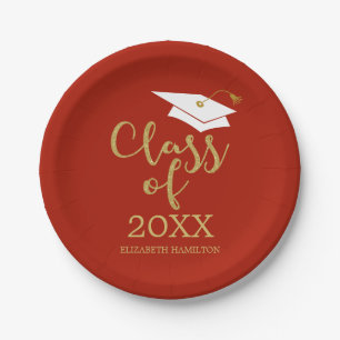 Class of 2021 Gold Glitter Calligraphy Red Paper Plate