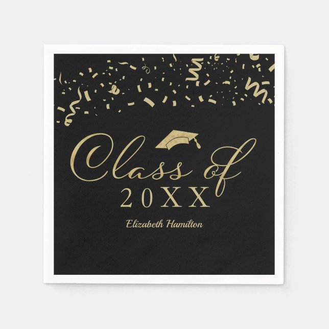 Class Of 2021 Gold Script Graduation Party Black Napkin (Front)