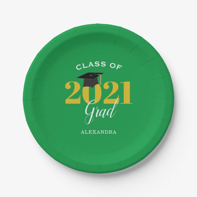 Class of 2021 Grad Simple Green and Gold Paper Plate (Front)