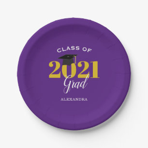 Class of 2021 Grad Simple Purple and Gold Paper Plate