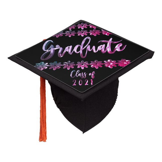 Class of 2021 Graduate Black and Pink Graduation Cap Topper (Angled)