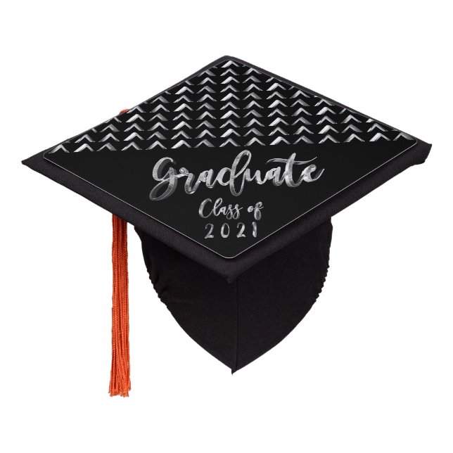 Class of 2021 Graduate Black and Silver Grey Graduation Cap Topper (Angled)