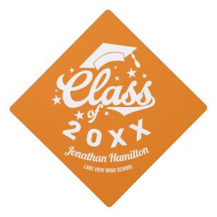 Class Of 2021 Orange White Typography Graduation Cap Topper