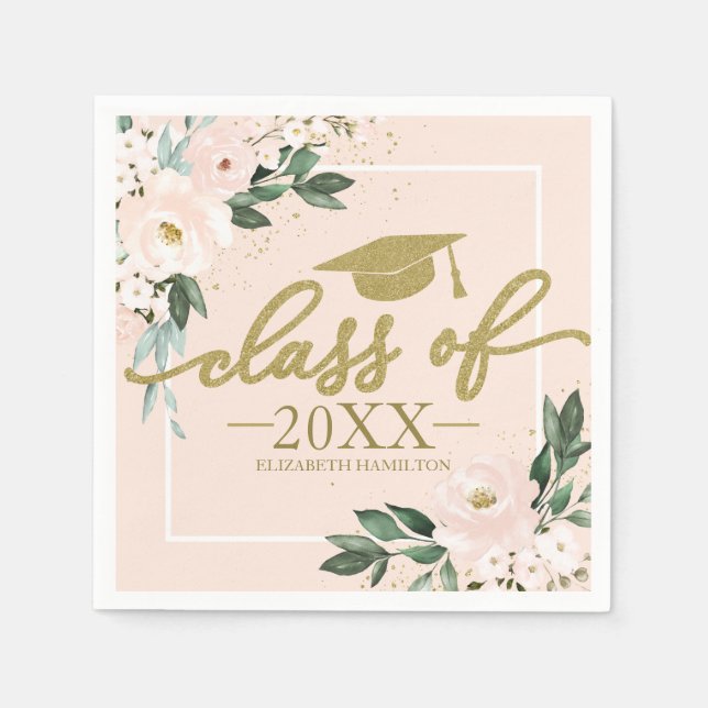 Class Of 2021 Pink Blush Floral Graduation Party Napkin (Front)