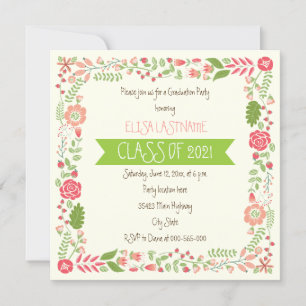 Class of 2021 pink floral border graduation invitation