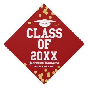 Class Of 2021 Red Gold Confetti Graduation Cap Topper