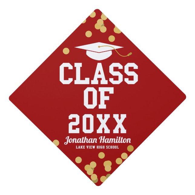 Class Of 2021 Red Gold Confetti Graduation Cap Topper (Front)