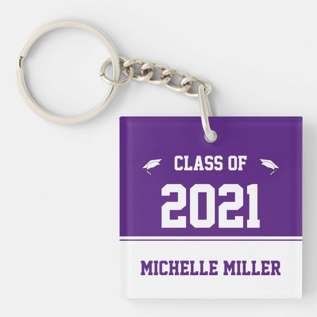Class of 2021 Royal Purple and White Graduation Keychain (Front)