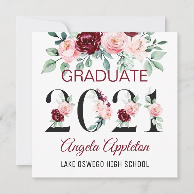 Class of 2021 Watercolor Floral Graduation  Card (Front)