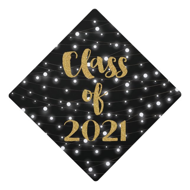 Class of 2021 with String Lights and Glitter Graduation Cap Topper (Front)