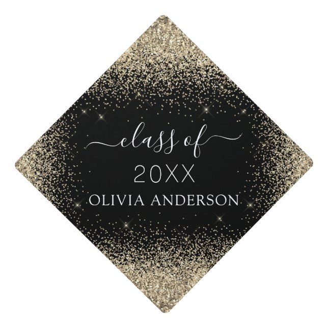 Class of 2022 Black Gold Glitter Graduate Graduation Cap Topper (Front)