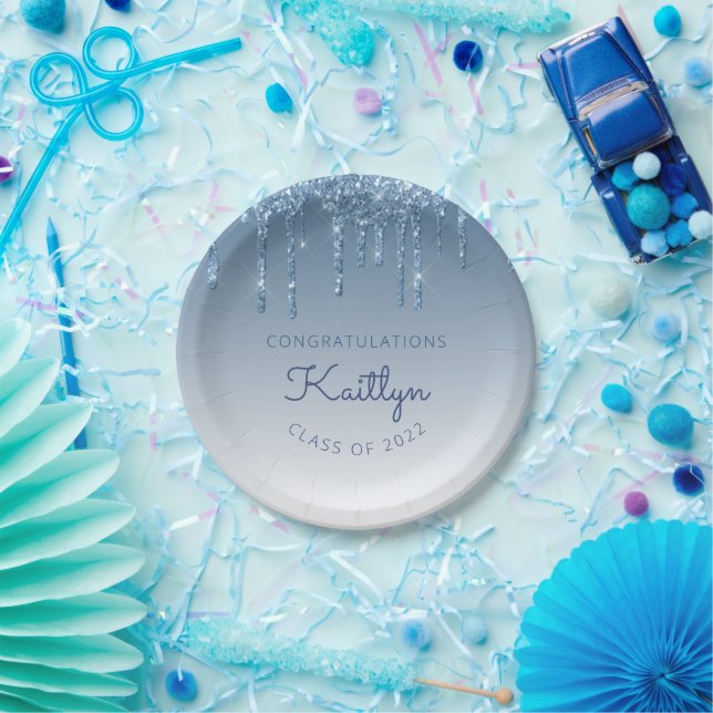 Class of 2022 Blue Glitter Drip Graduation Party Paper Plate (Party)