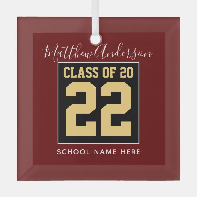 Class of 2022 Burgundy Black and Gold Graduation Glass Ornament (Front)