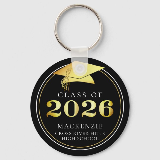 Class of 2022 Elegant Black Gold Personalized Keychain (Front)