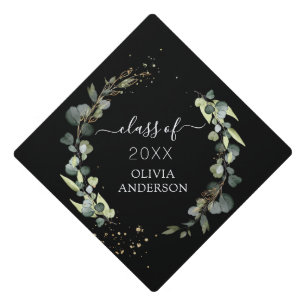 Class of 2022 Eucalyptus Greenery Graduate Black Graduation Cap Topper