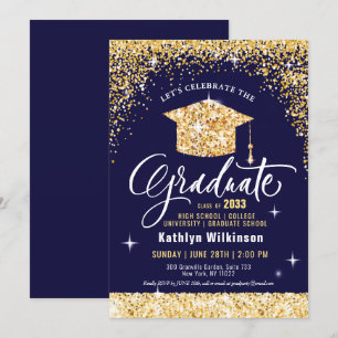 Class of 2022 Gold Glitter Blue Elegant Graduation Invitation