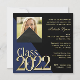 Class of 2022 Grad Gold and Blue with Photo Invitation