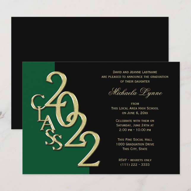 Class of 2022 Grad Gold and Green Invitation (Front/Back)