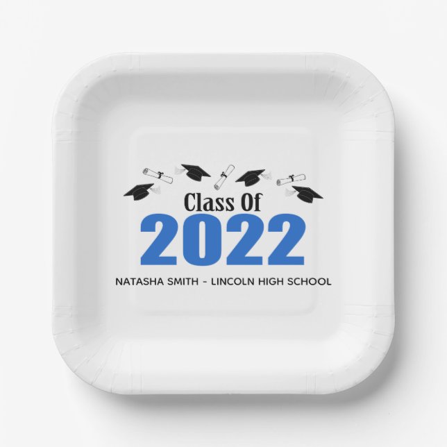 Class Of 2022 Graduation Caps & Diplomas (Blue) Paper Plate (Front)