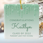 Class of 2022 Green Glitter Drip Photo Graduation Ceramic Ornament<br><div class="desc">This chic, elegant graduation keepsake ornament feature a sparkly green faux glitter drip border and green ombre background. Personalize it with the graduate's name in green handwriting script, with her class year and school below in sans serif font. Easily replace the sample image on the back with her photo. Ideal...</div>