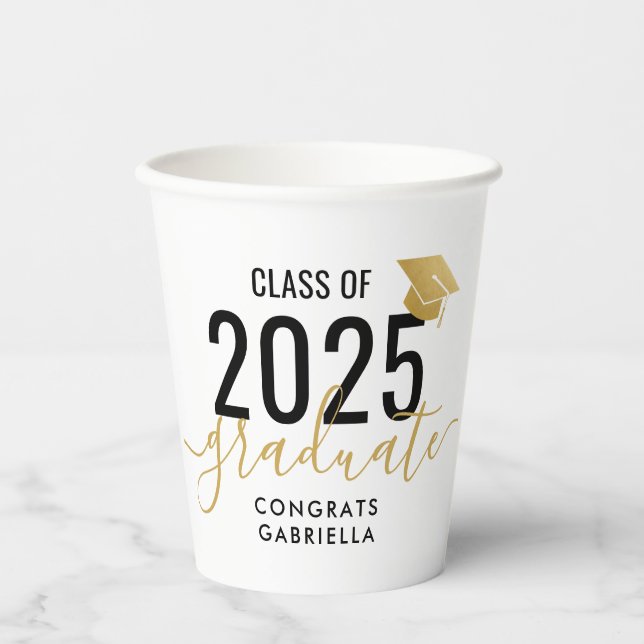 Class of 2022 Modern Black Gold Graduation  Paper Cups (Front)
