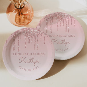 Class of 2022 Pink Glitter Drip Graduation Party Paper Plate