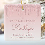 Class of 2022 Pink Glitter Drip Photo Graduation Ceramic Ornament<br><div class="desc">This chic, elegant graduation keepsake ornament feature a sparkly pink faux glitter drip border and pink ombre background. Personalize it with the graduate's name in rose handwriting script, with her class year and school below in sans serif font. Easily replace the sample image on the back with her photo. Ideal...</div>
