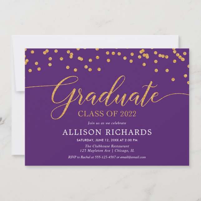 Class of 2022 Purple gold elegant graduation party Invitation (Front)