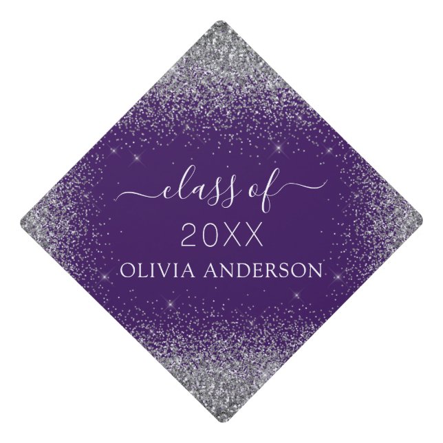 Class of 2022 Purple Silver Glitter Graduate Graduation Cap Topper (Front)
