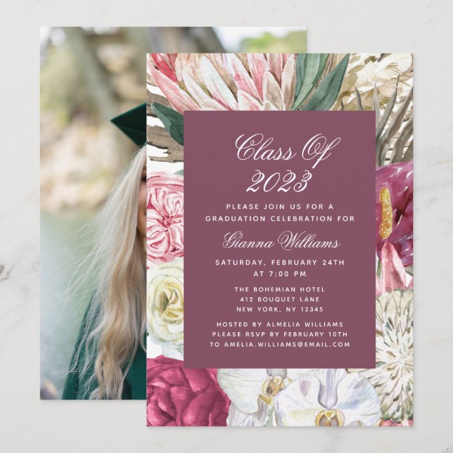Class of 2022 Watercolor Floral Photo Graduation Invitation (Front/Back)