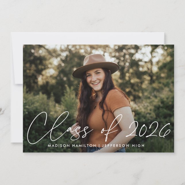 Class of 2022 White Script Photo Graduation Party Invitation (Front)