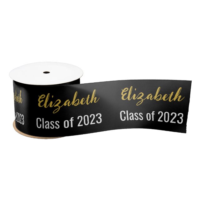 Class of 2023 and Graduate's Name Black White Gold Satin Ribbon (Spool)