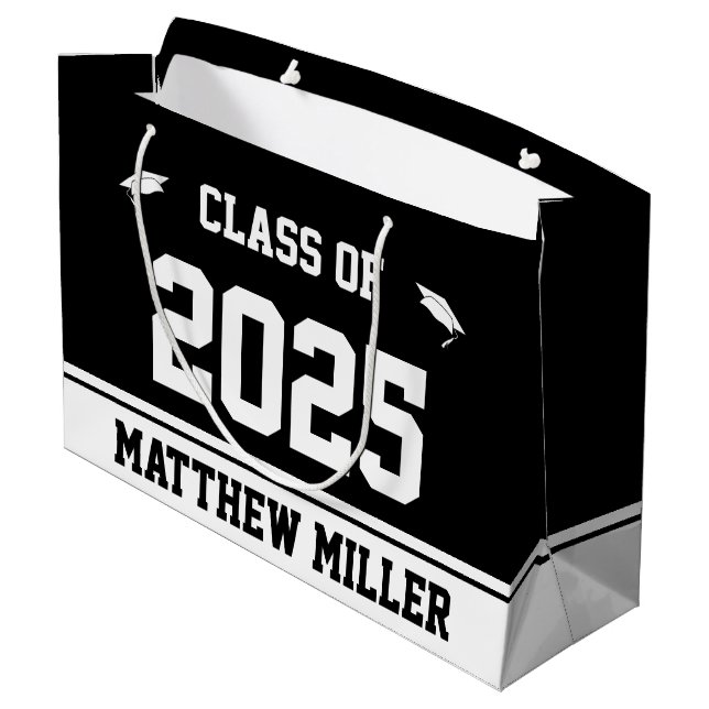 Class of 2023 and Name on Black and White Template Large Gift Bag (Back Angled)