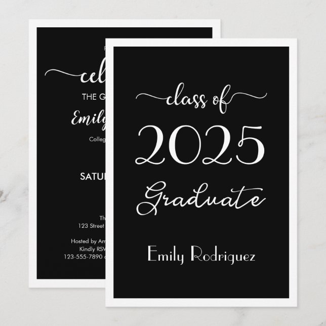 Class Of 2023 Black White Elegant Graduation Party Invitation (Front/Back)