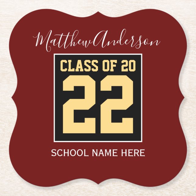 Class of 2023 Burgundy Black and Gold Graduation Paper Coaster (Front)