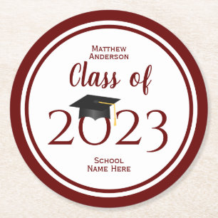 Class of 2023 Elegant Burgundy Graduation Party Round Paper Coaster